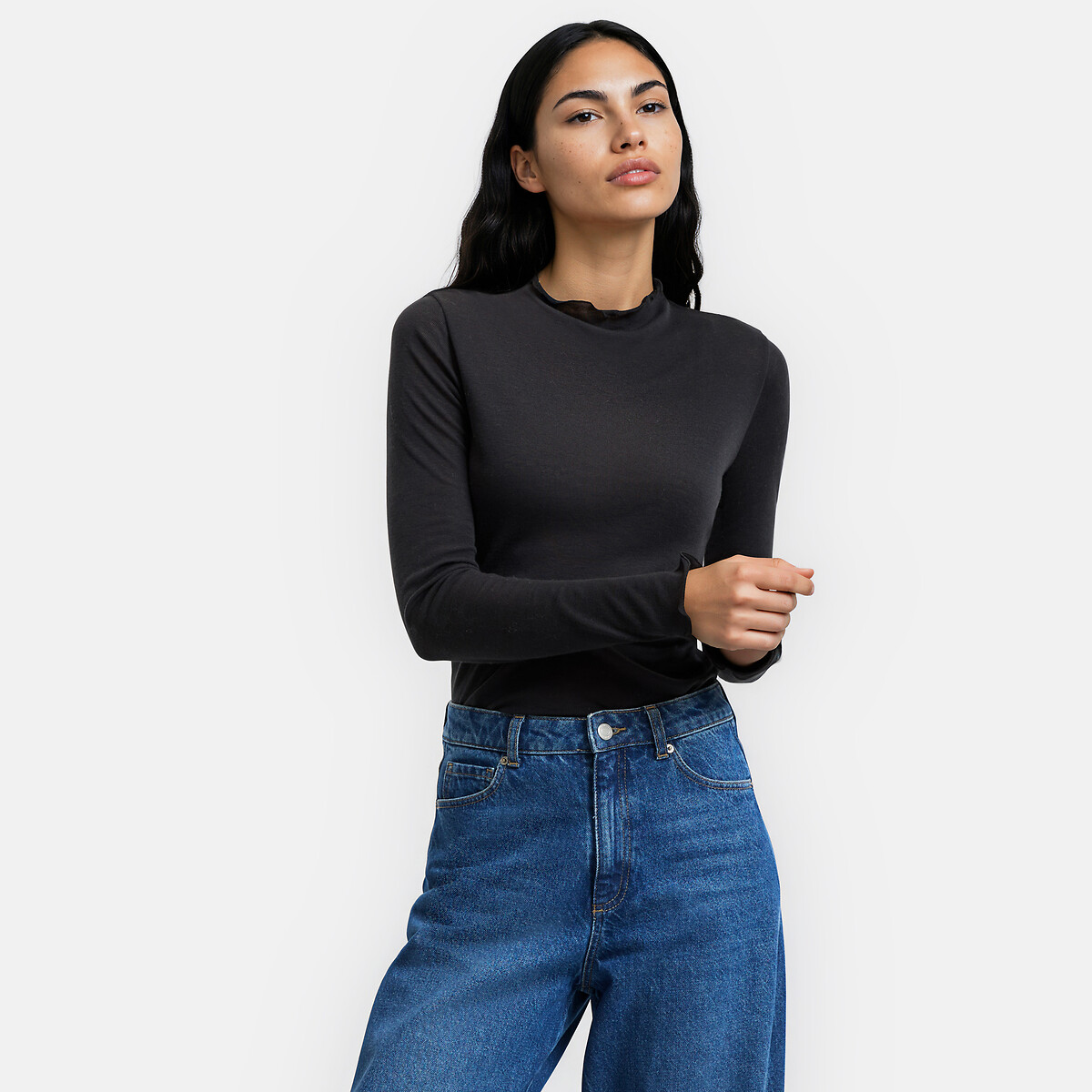 T-shirt col montant manches longues en lyocell et laine noir, LA REDOUTE COLLECTIONS