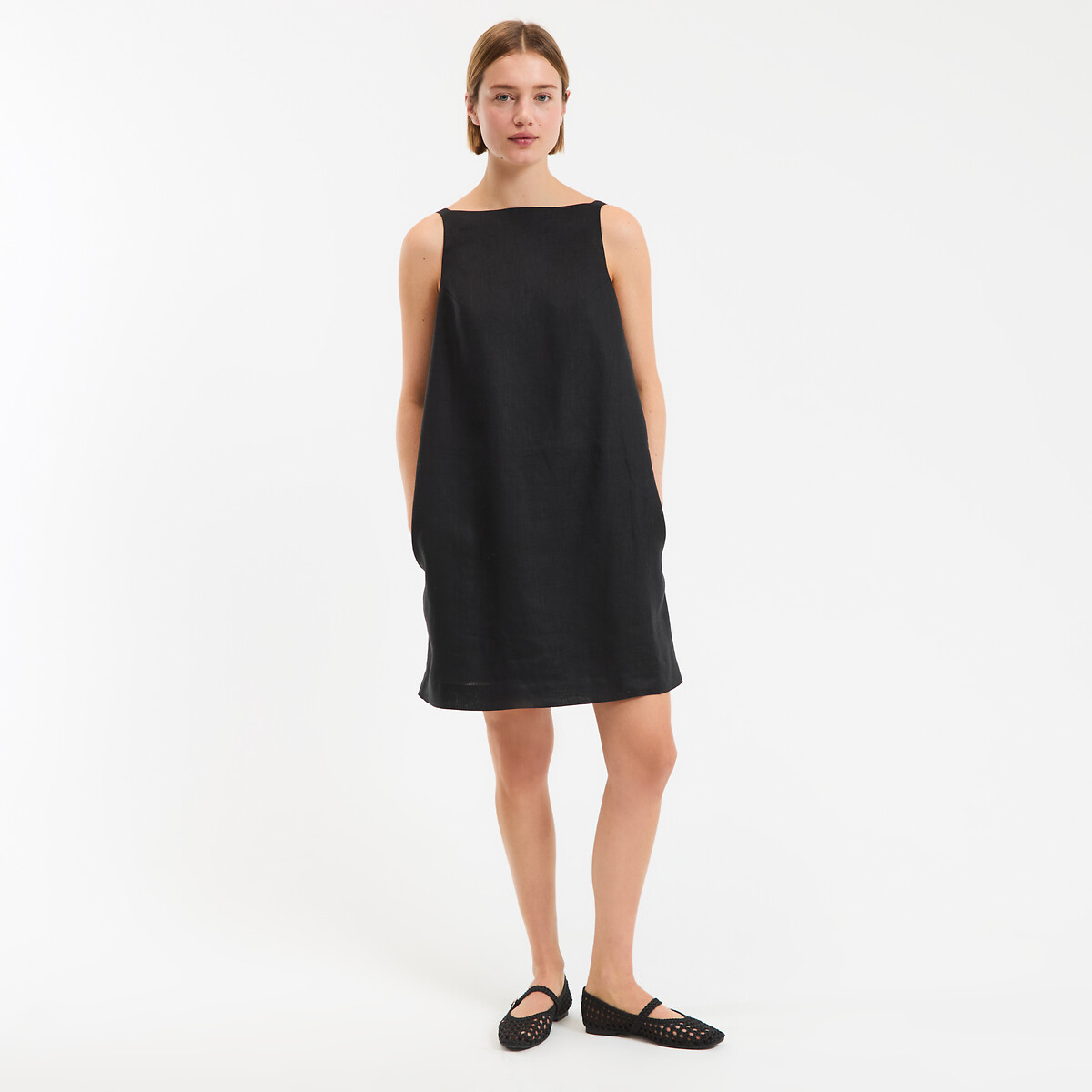 Robe droite en lin, courte, sans manches noir, LA REDOUTE COLLECTIONS