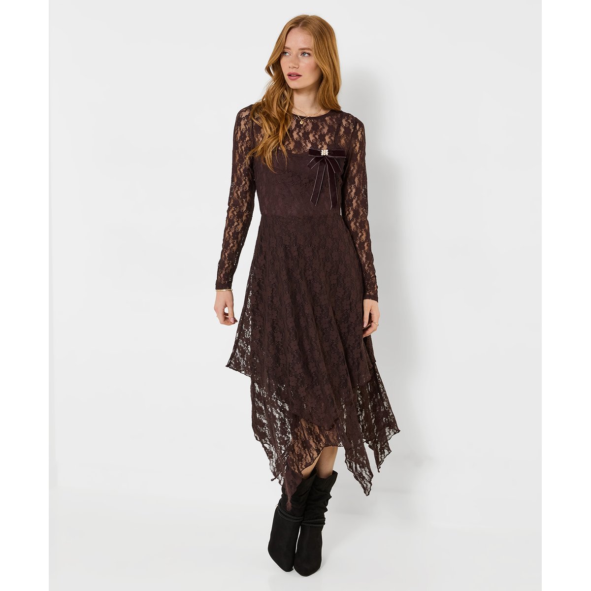 Robe Longue en Dentelle à Manches Longues Bella marron, JOE BROWNS