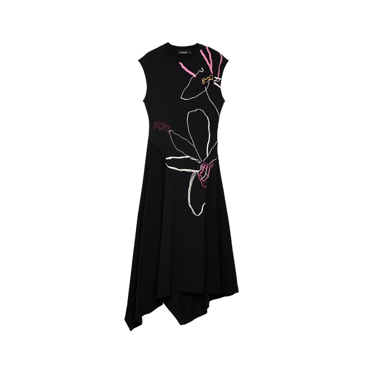 Robe asymétrique à fleurs noir, DESIGUAL