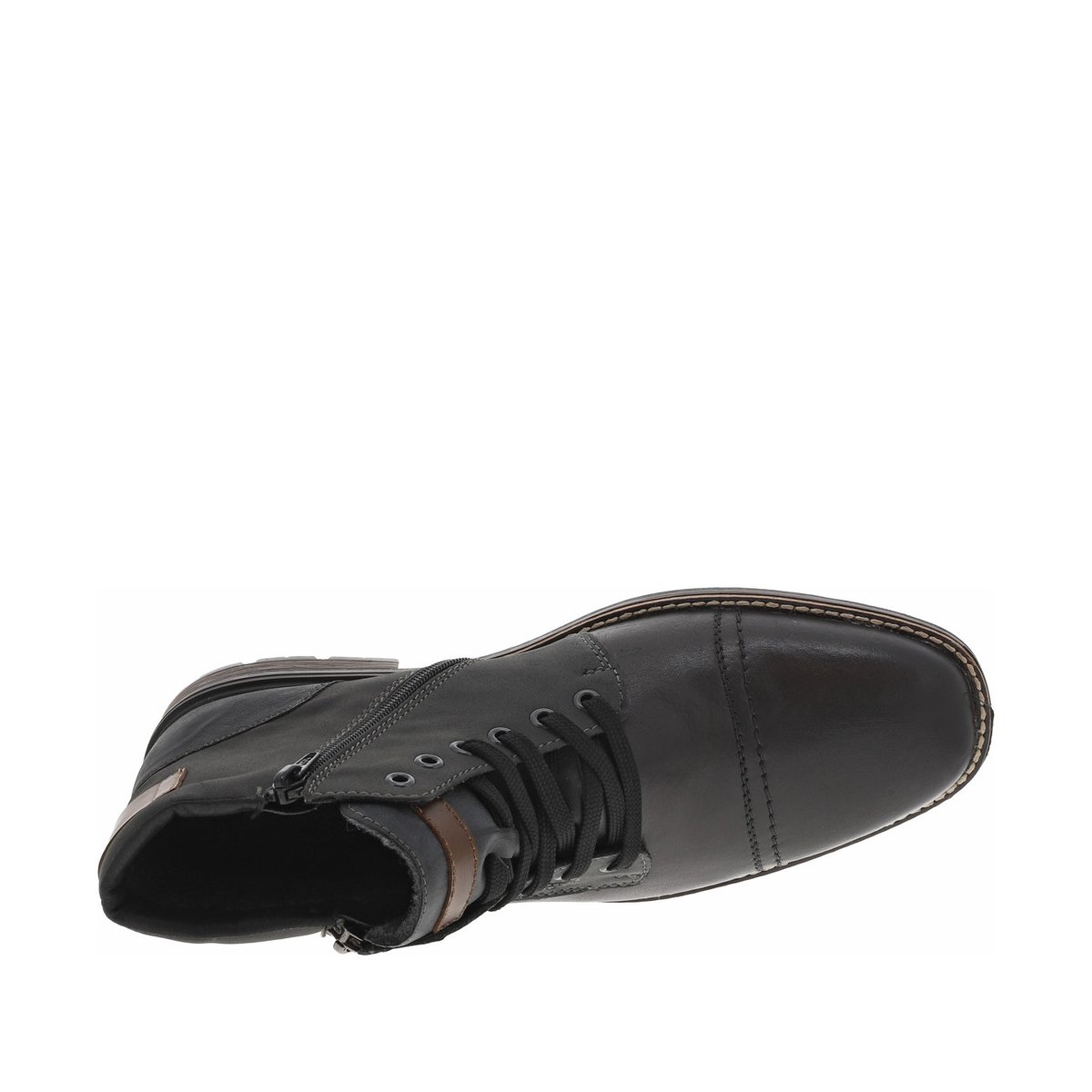 Bottines en cuir grises à talon décroché bas avec des lacets et 2 zips latéraux grises, RIEKER
