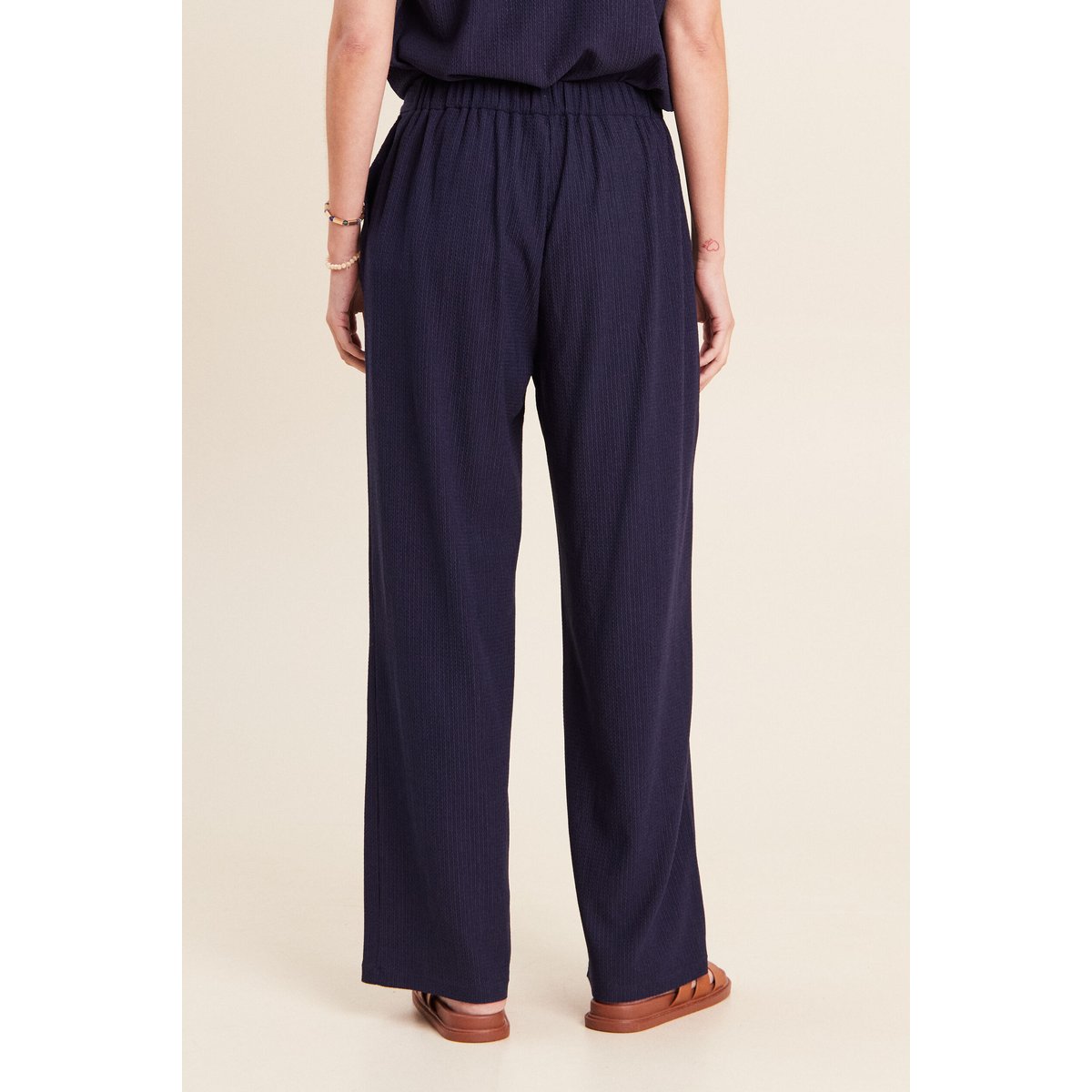 Pantalon large taille haute fluide bleu marine, BREAL