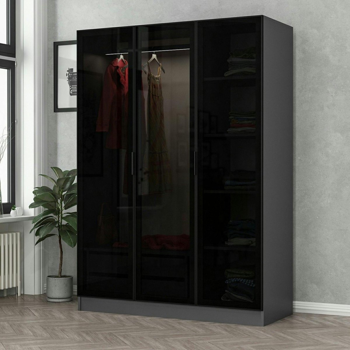 Armoire penderie grise design, 3 portes vitrées BYRON anthracite, PIER IMPORT