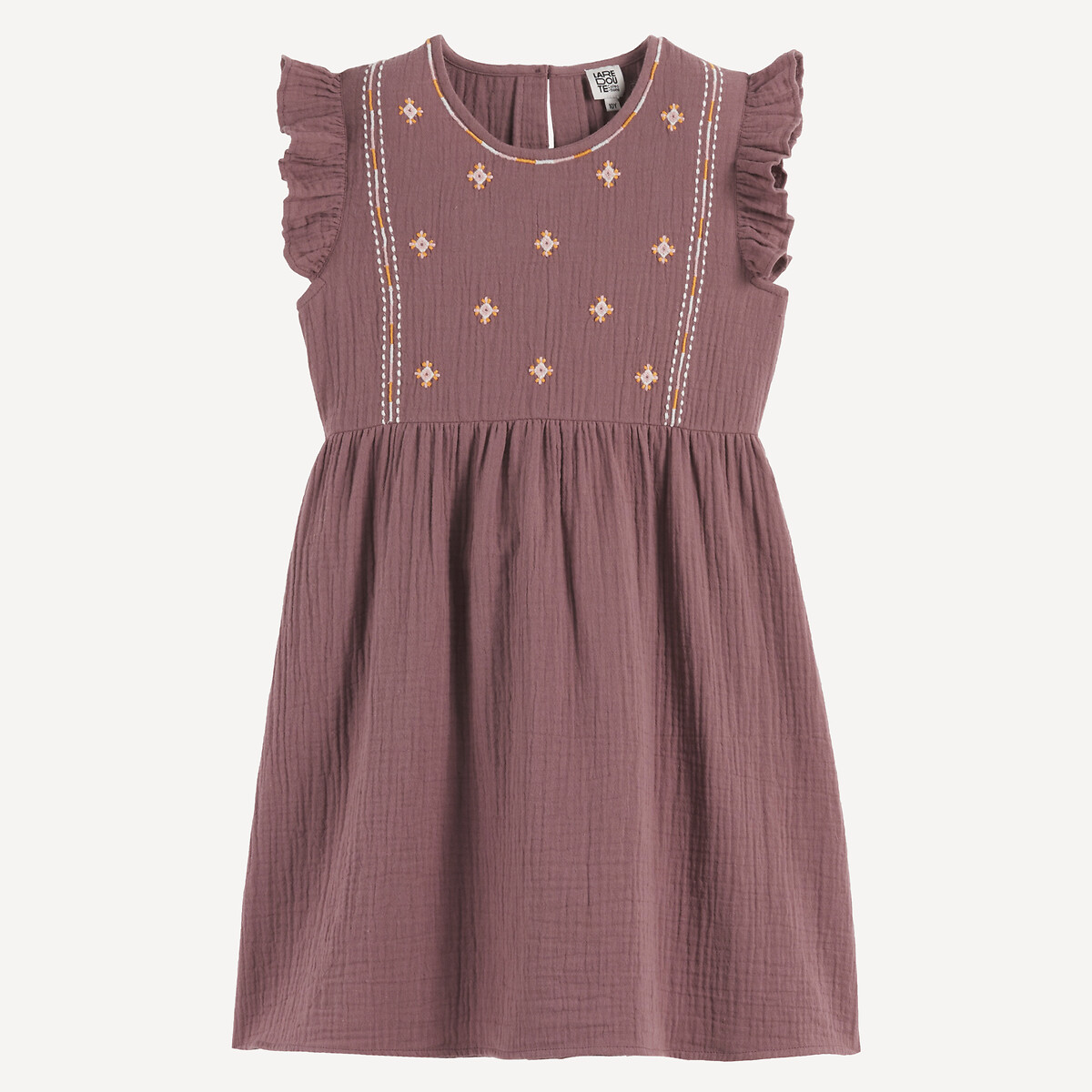 Jurk van katoengaas met borduursel en ruches taupe roze, LA REDOUTE COLLECTIONS