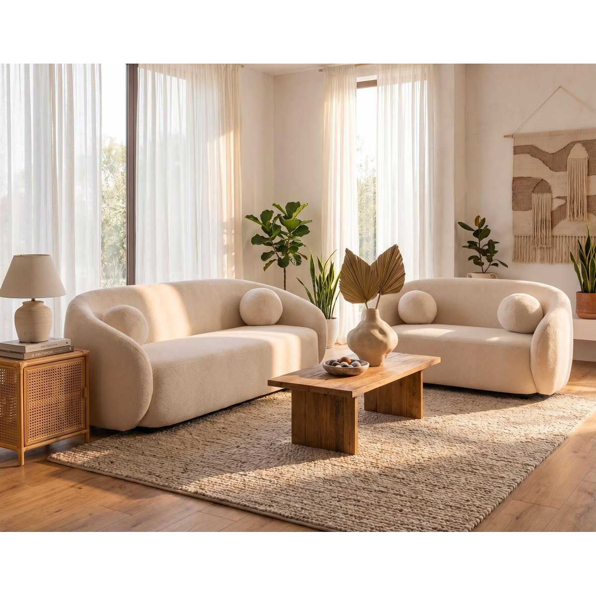 Flore - Ensemble de canapés droits 2+3 places tissu bouclette beige, LISA DESIGN