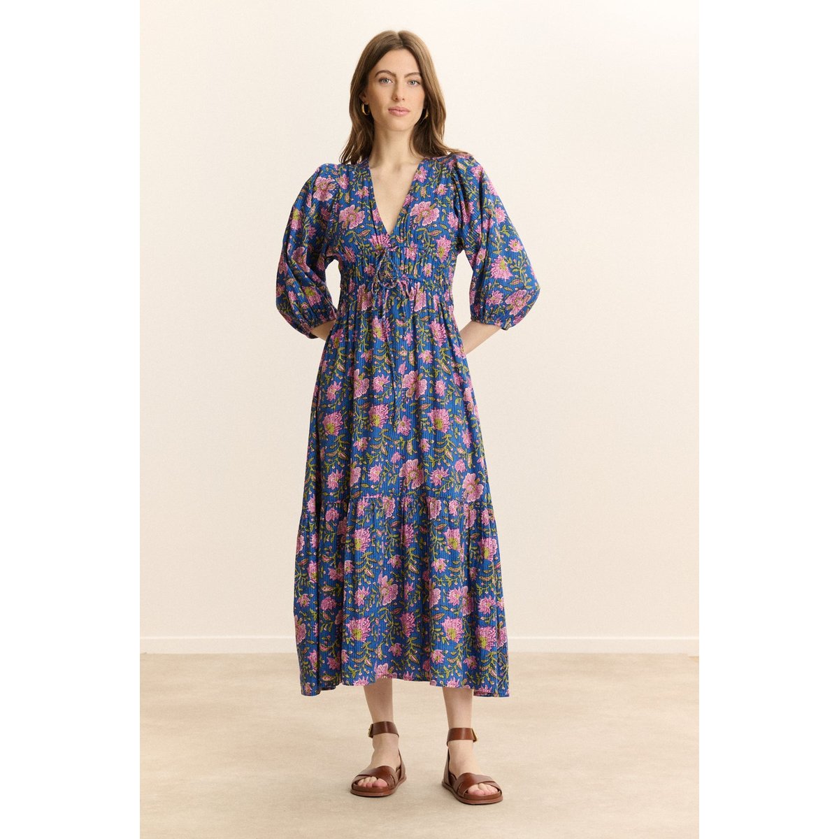 Robe midi manches 3/4 imprimée VANINA bleu, GARANCE PARIS 