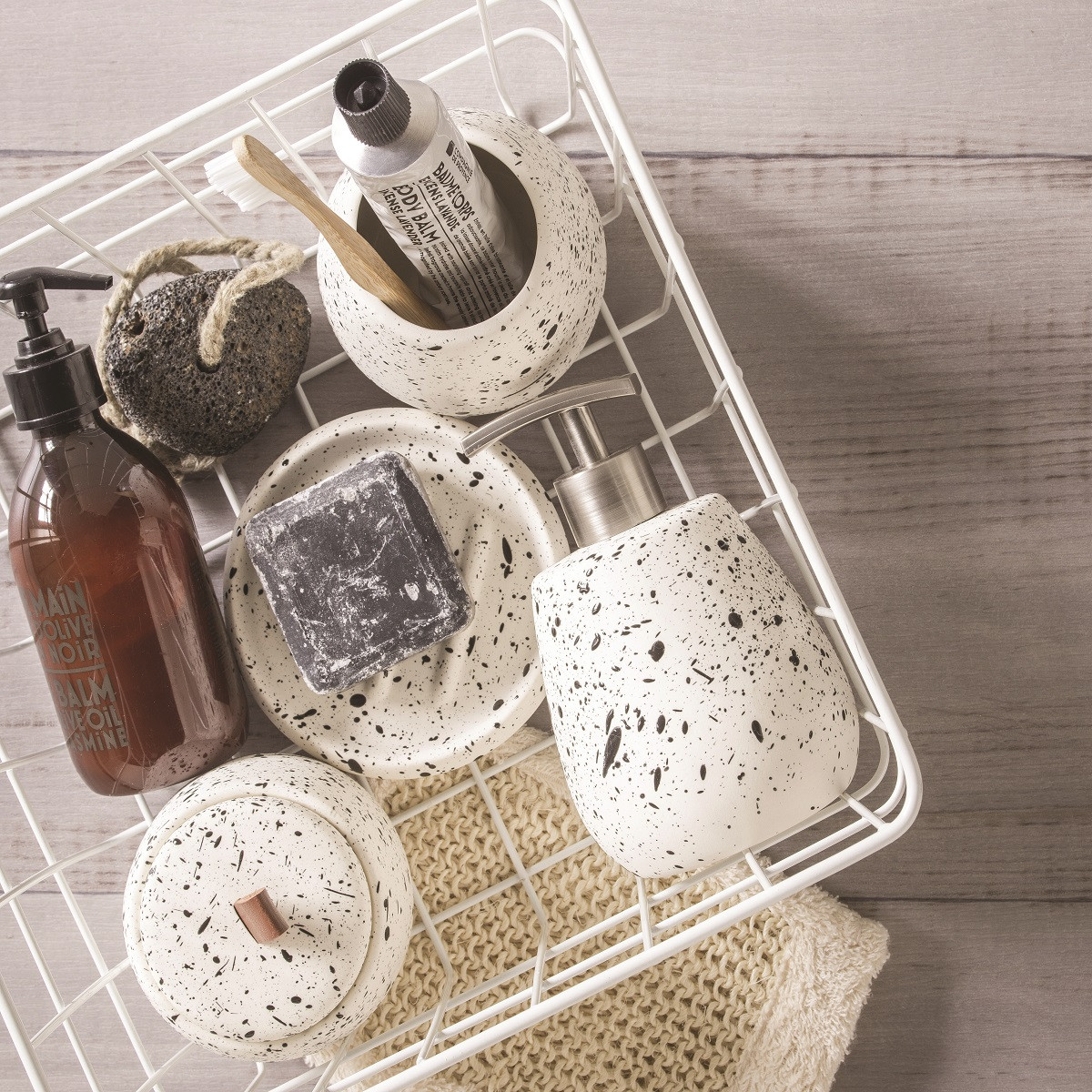 Set salle de bain moucheté 4 pièces céramique DEMY blanc, GUY LEVASSEUR