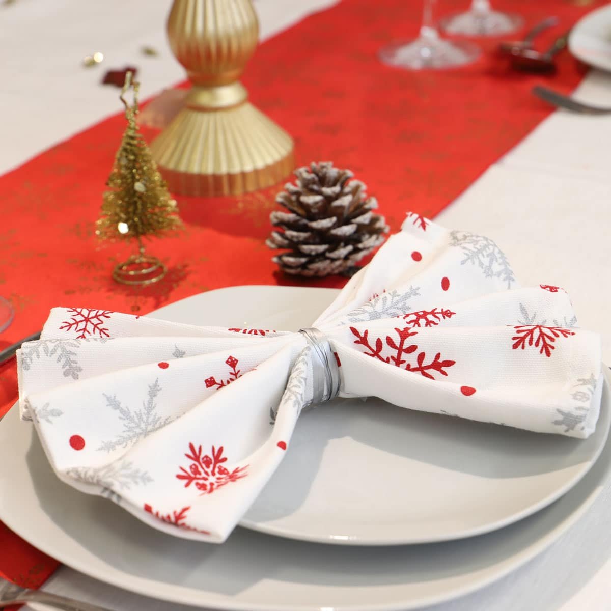 Lot de serviettes de table coton imprimés FLOCON blanc, LINANDELLE