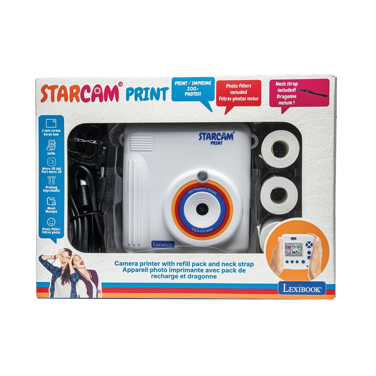 Starcam® Print, pack caméra avec imprimante instantanée, 3 rouleaux de papier et dragonne blanc, LEXIBOOK