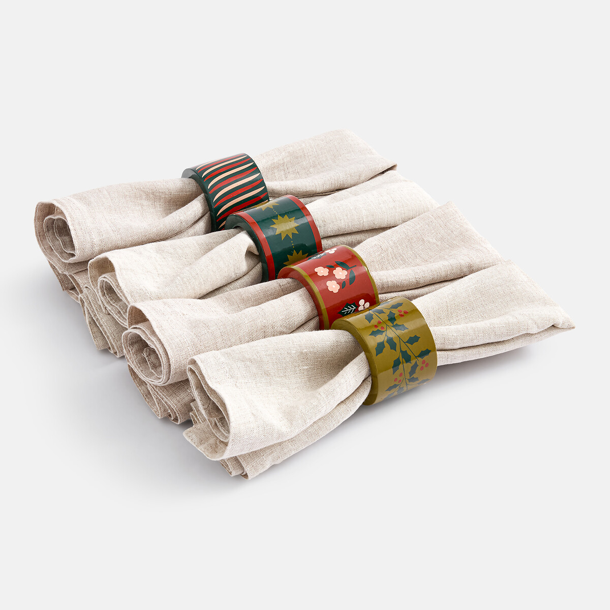 Lot de 4 ronds de serviette, en bois de manguier, imprimé festif, NOELIE multicolore, LA REDOUTE INTERIEURS