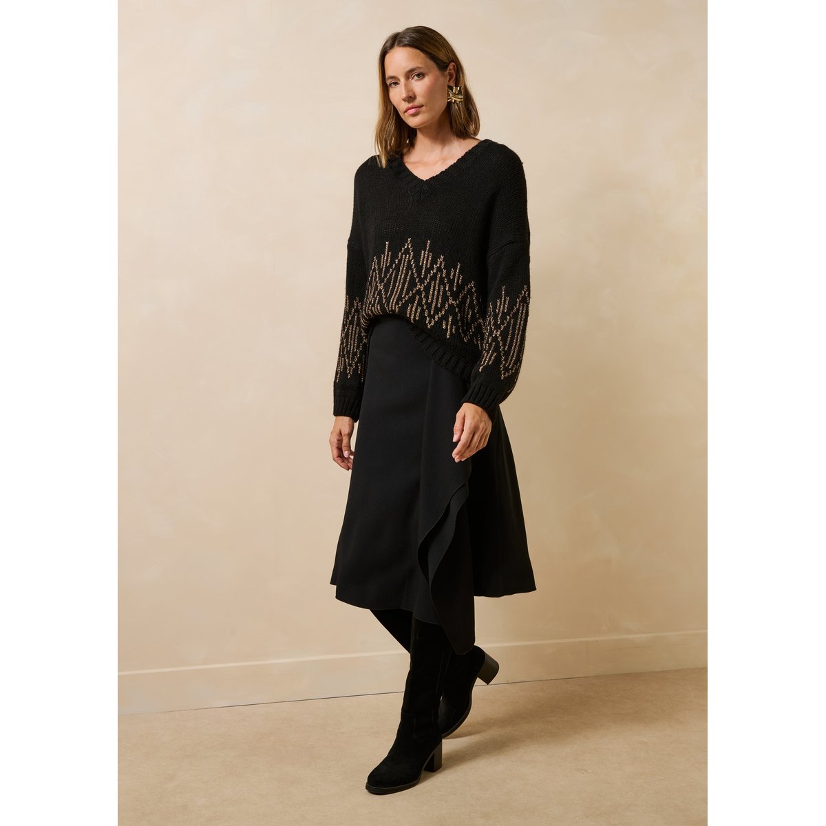 Pull ample manches longues en maille jacquard noir, LA FEE MARABOUTEE