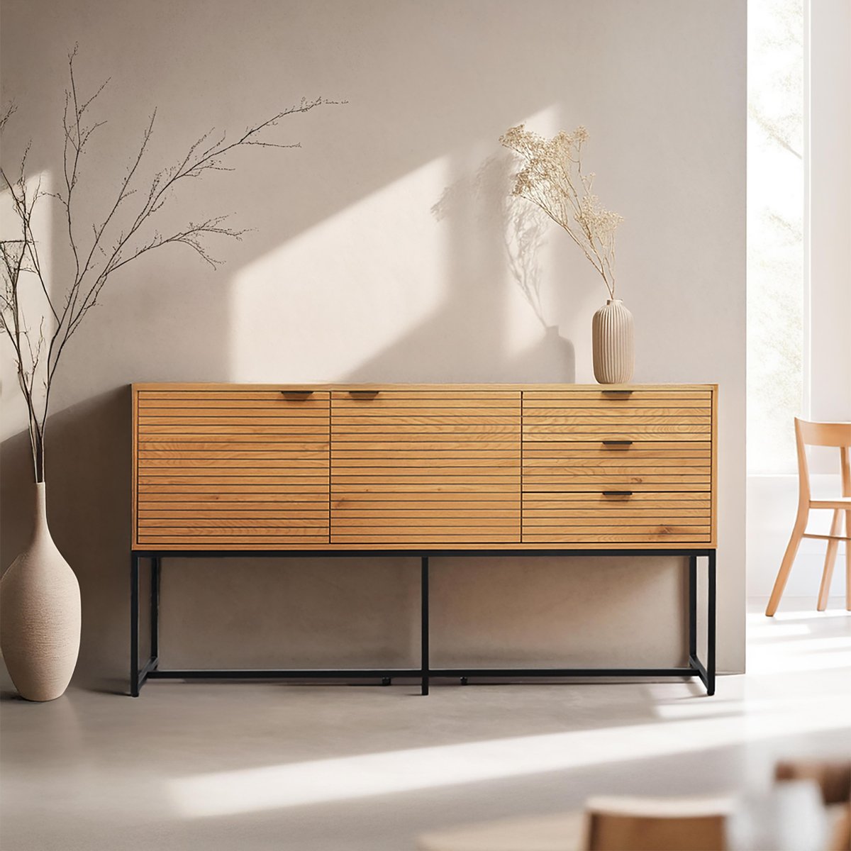Buffet 2 portes et 3 tiroirs en MDF décor mélaminé et acier FSC, JUDITH marron, OVIALA