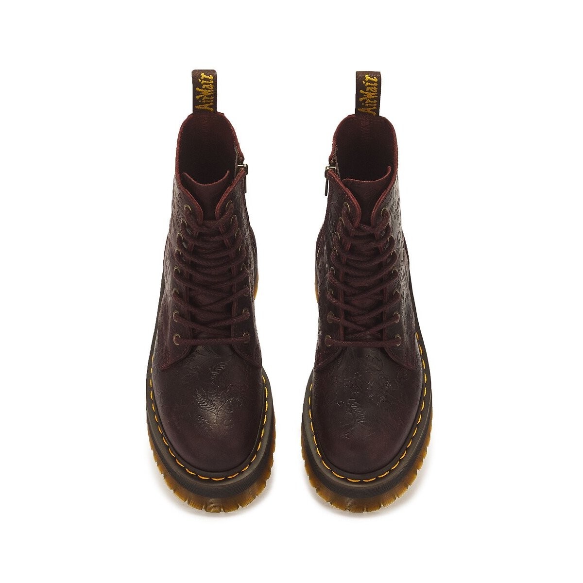 Boots plateformes Jadon Emboos Floral en cuir Crazy Horse rouge foncé, DR. MARTENS
