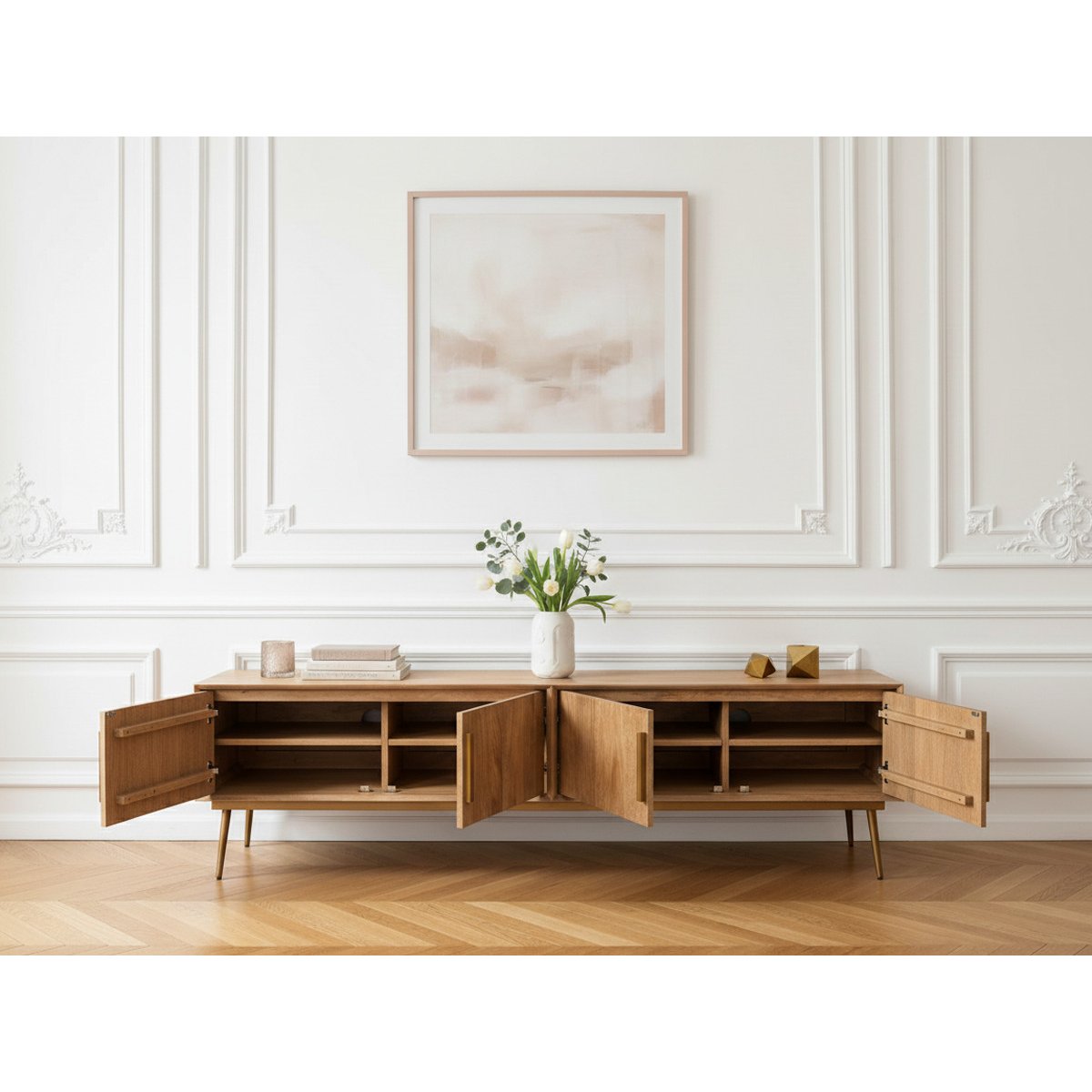 Meuble TV 180 cm bois massif, BRUGES marron clair, BOBOCHIC