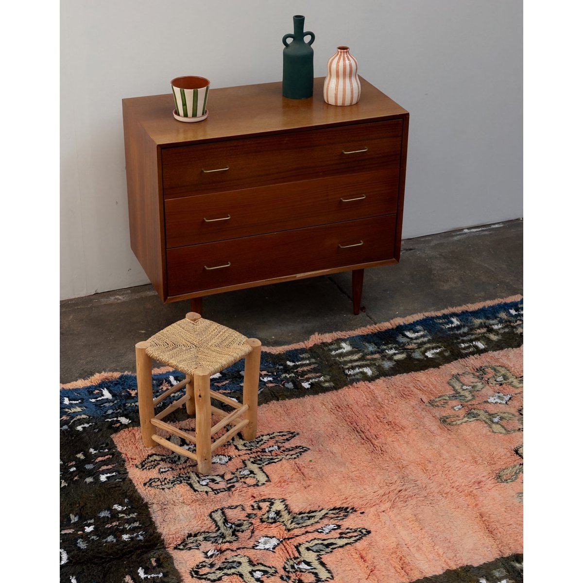 Grand tapis bleu et saumon en laine Olivier N°41 - Bon état bleu, DEBONGOUT