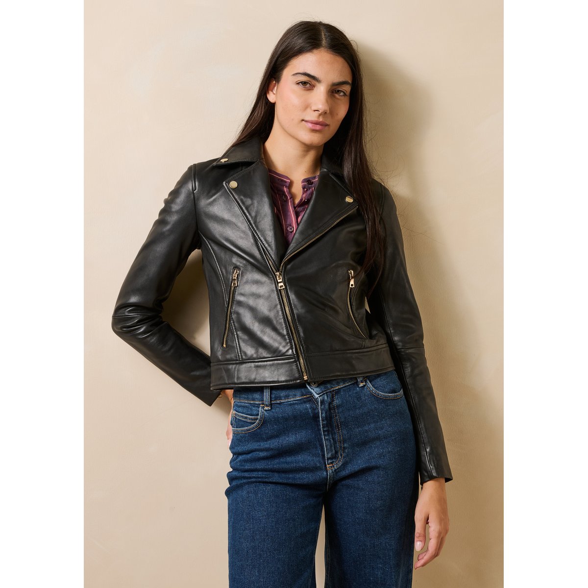 Blouson court en cuir esprit motard noir, LA FEE MARABOUTEE