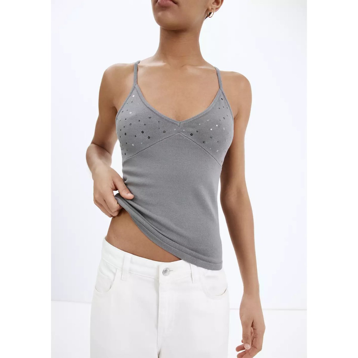 Top brillant à fines bretelles gris chiné clair, MANGO