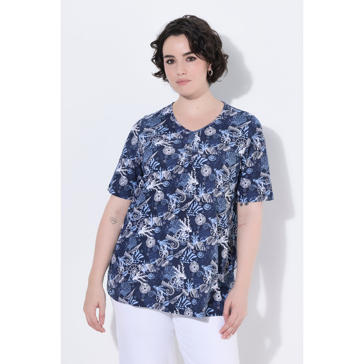 T-shirt avec plis fantaisie, coupe évasée marine, ULLA POPKEN
