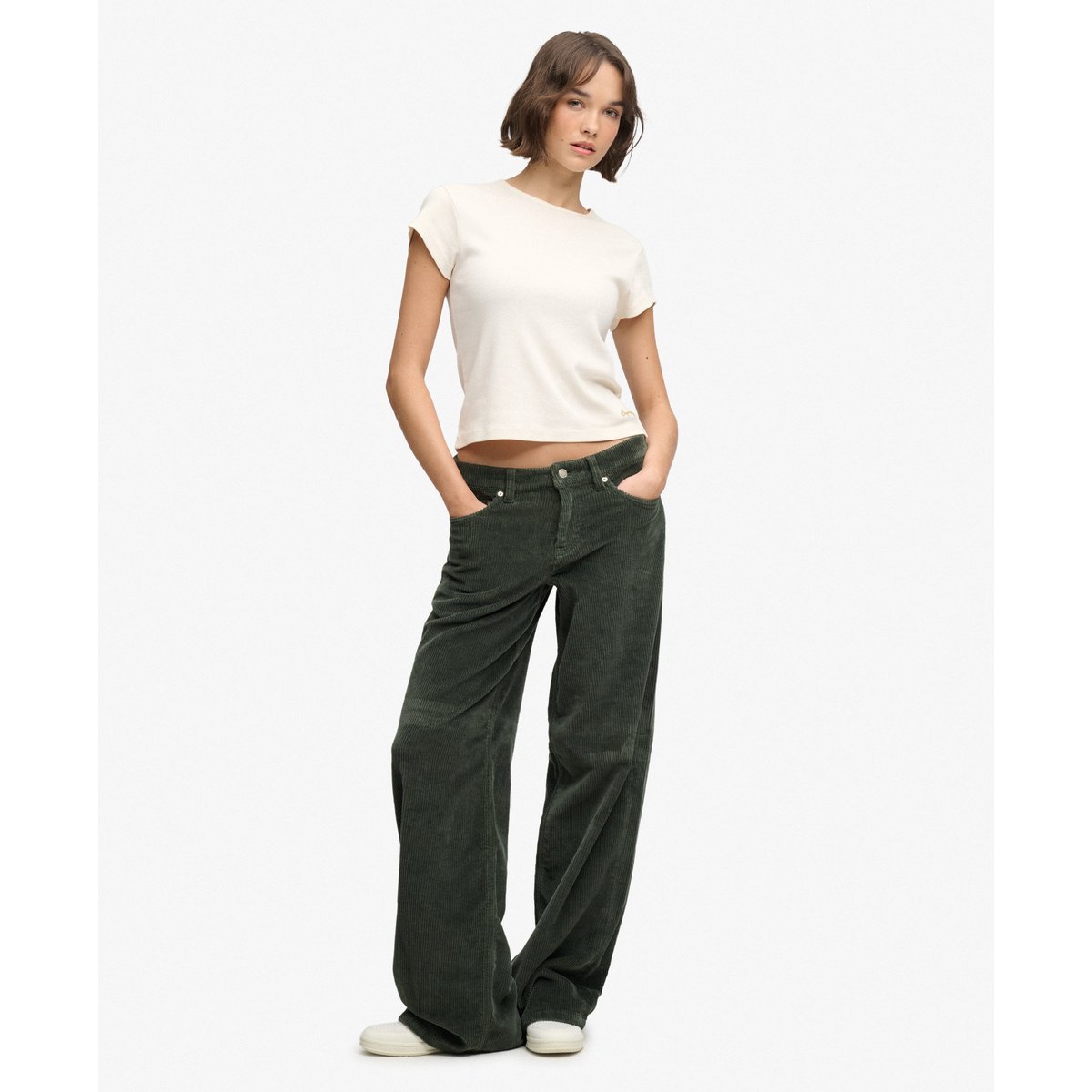 Pantalon en Velours Côtelé Large Taille Moyenne vert forêt profond, SUPERDRY