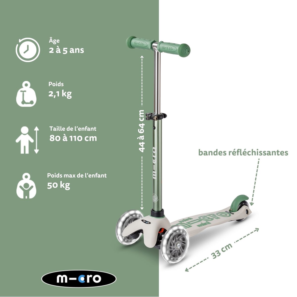 Mini Micro Deluxe Eco LED - Pistache vert, MICRO MOBILITY