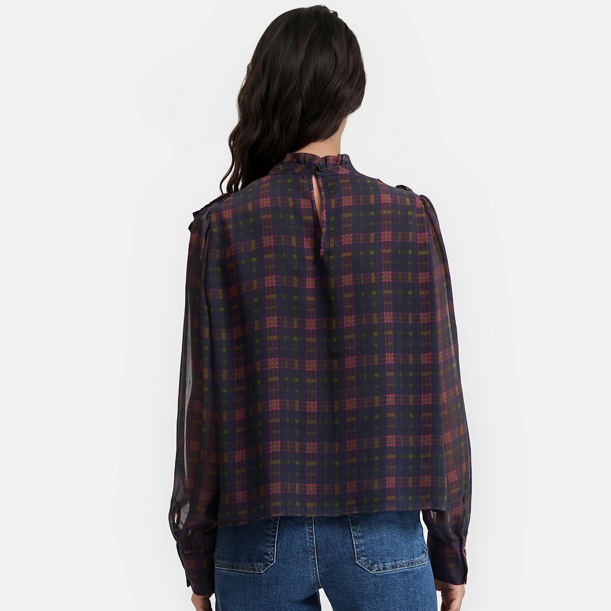 Blusa de cuadros, con volantes y manga larga cuadros azul, LA REDOUTE COLLECTIONS