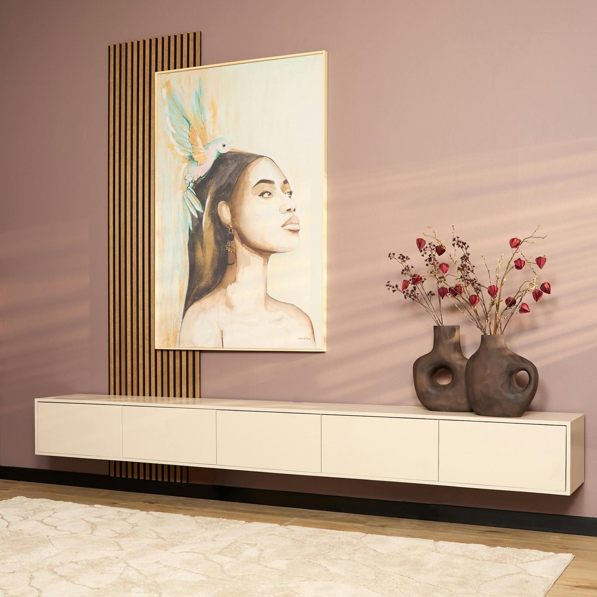 Long meuble TV suspendu 5 portes, 280 cm JUNO sable, PIER IMPORT