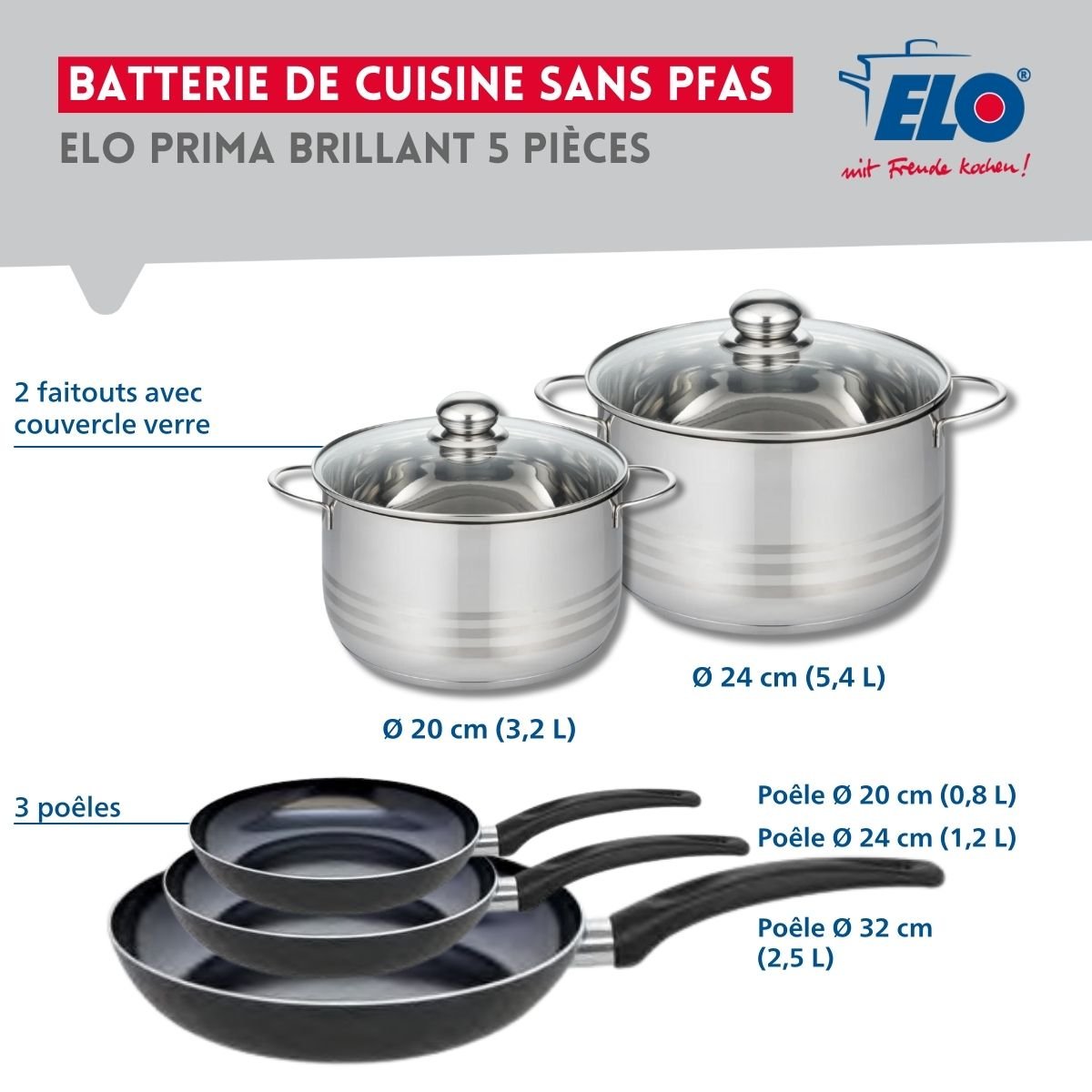 Batterie 3 poêles 20/24/32cm + 2 faitouts 20/24cm PRIMA BRILLANT noir, ELO