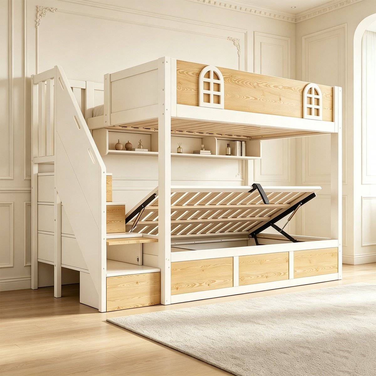Lit superposé avec rangement, LOFTCOVEA chêne, MEUBLES COSY