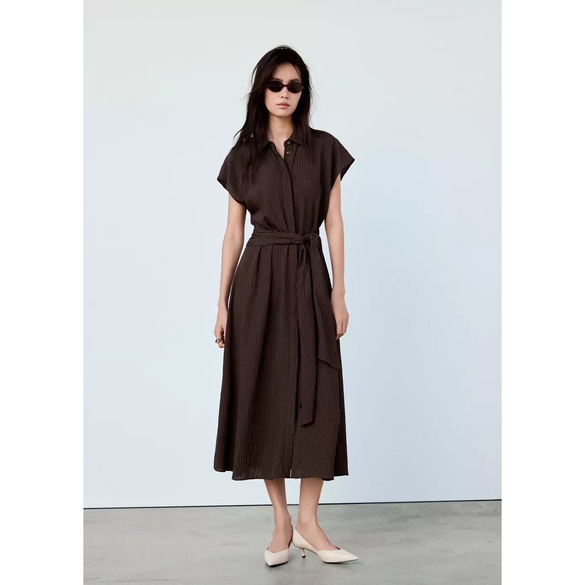 Robe chemisier ceinture marron, MANGO
