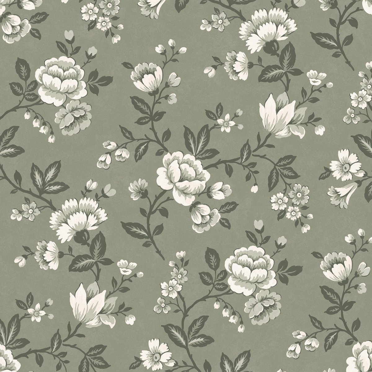 Papier peint fleurs d'oeillets Bradenbury vert, gris, blanc, LAURA ASHLEY