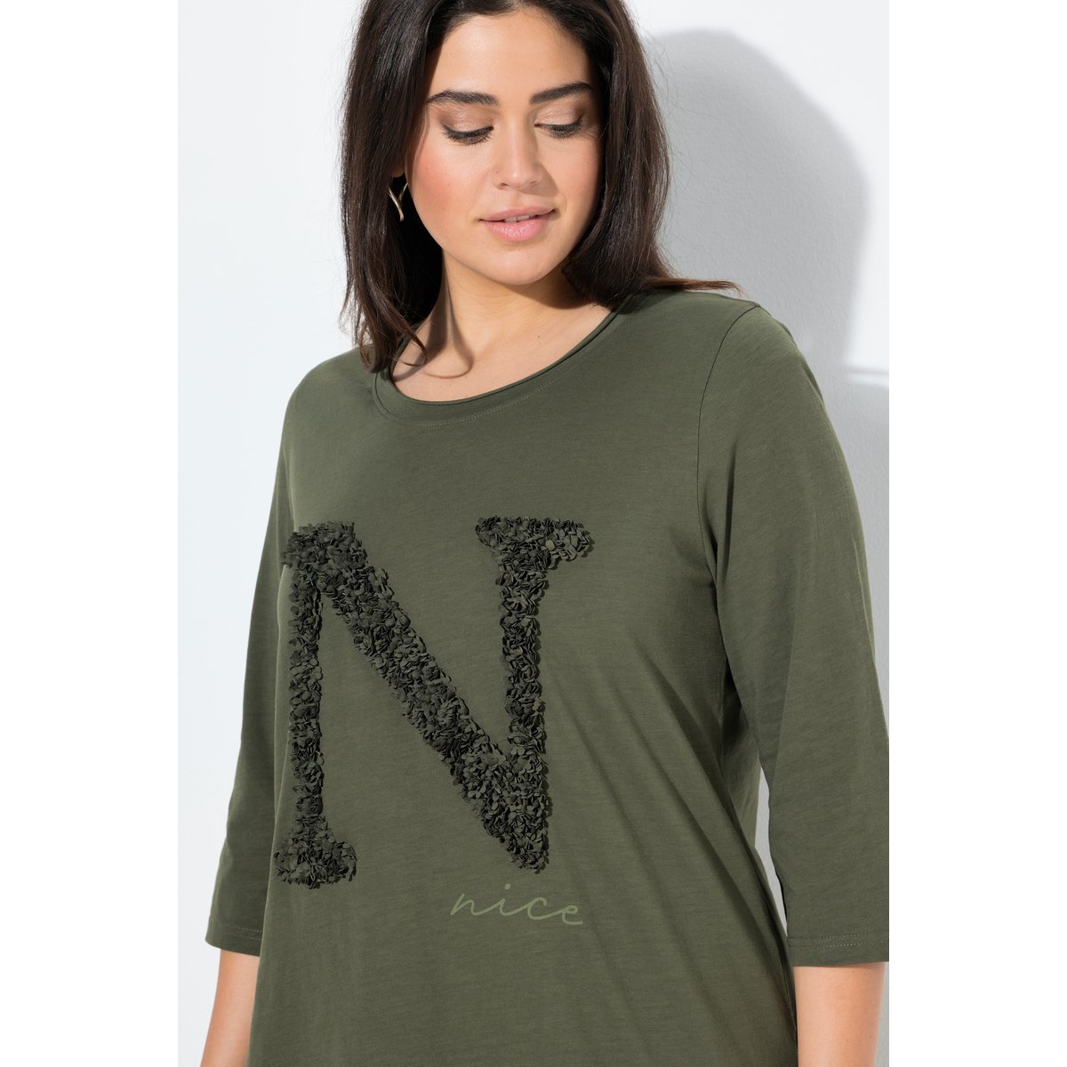 T-shirt classique à manches 3/4 et col rond gris olive, ULLA POPKEN