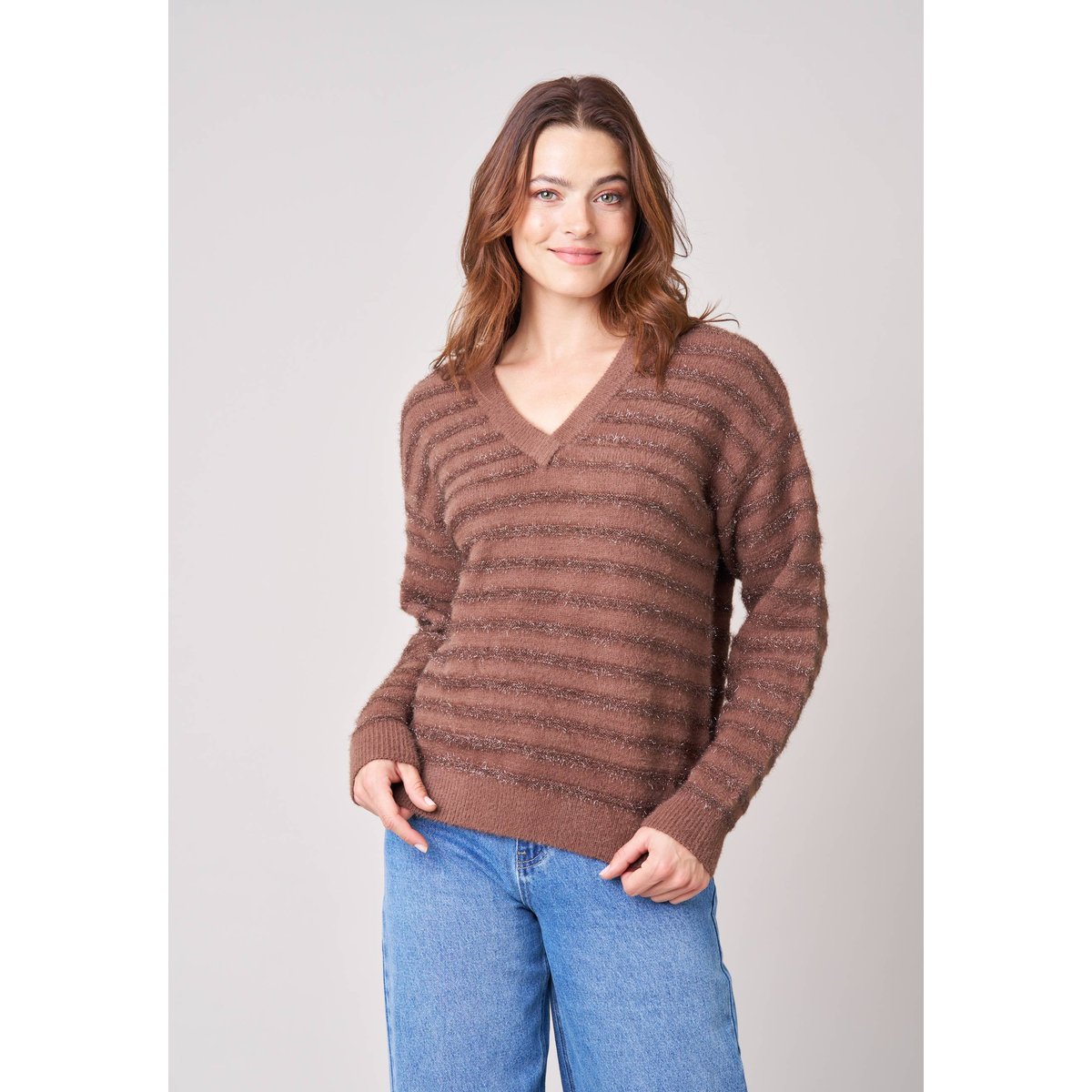 Pull femme ample duveteux rayures brillantes MILIENA marron clair, DEELUXE