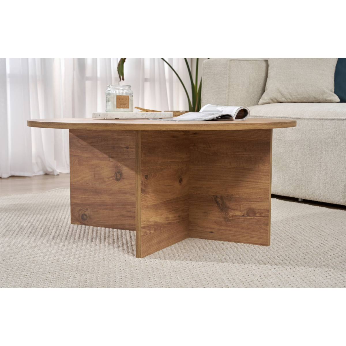 Table basse avec plateau arrondi - SOLEIL pin atlantique, CALICOSY
