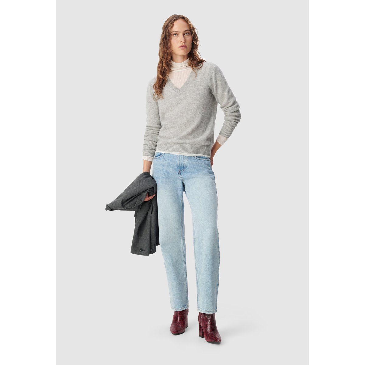 Pull col V tricot 100% cachemire gris, IKKS