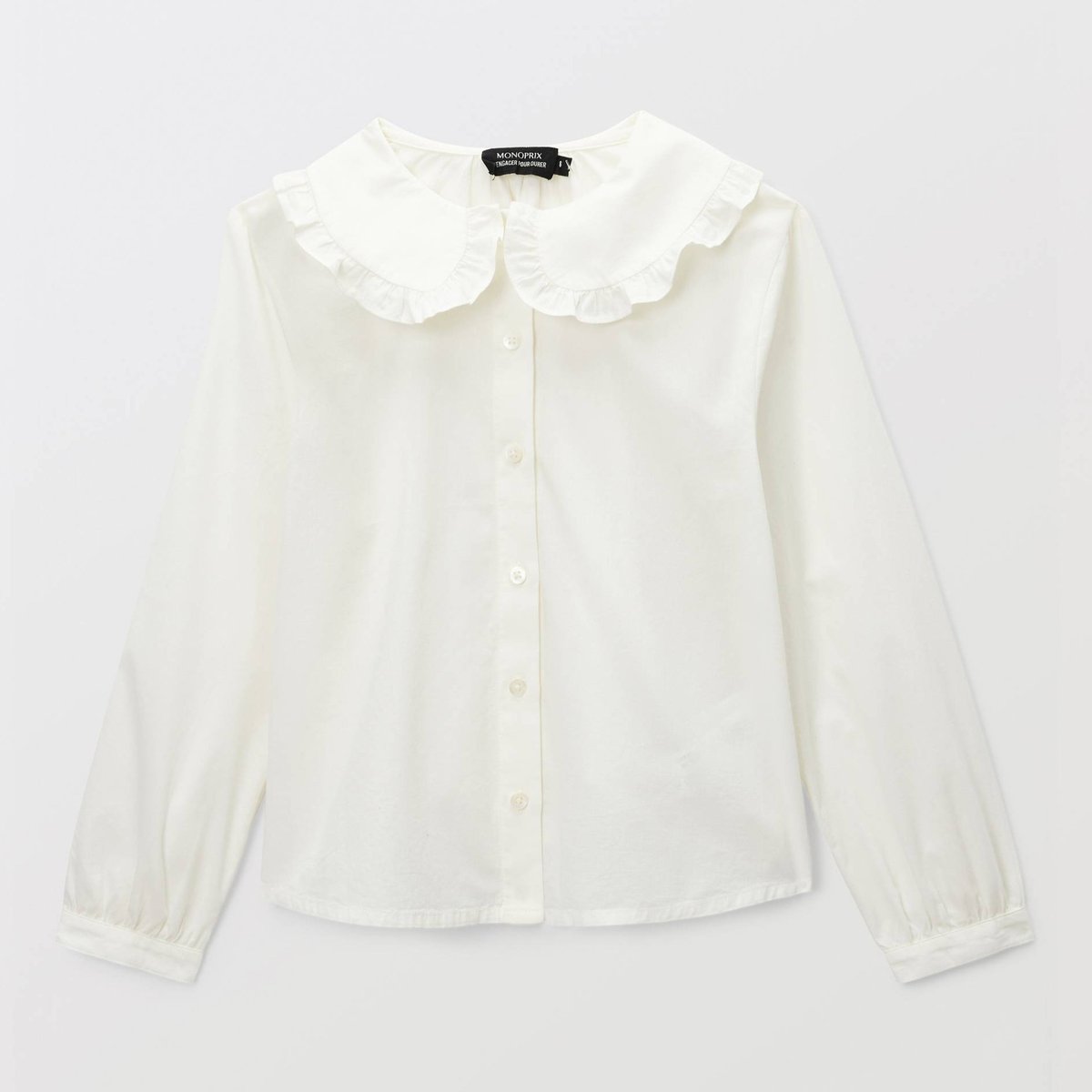 Blouse col claudine uni en coton ecru, MONOPRIX