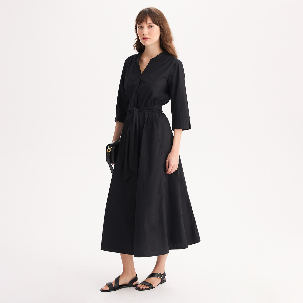 Robe longue évasée en coton, manches 3/4 noir, ANNE WEYBURN