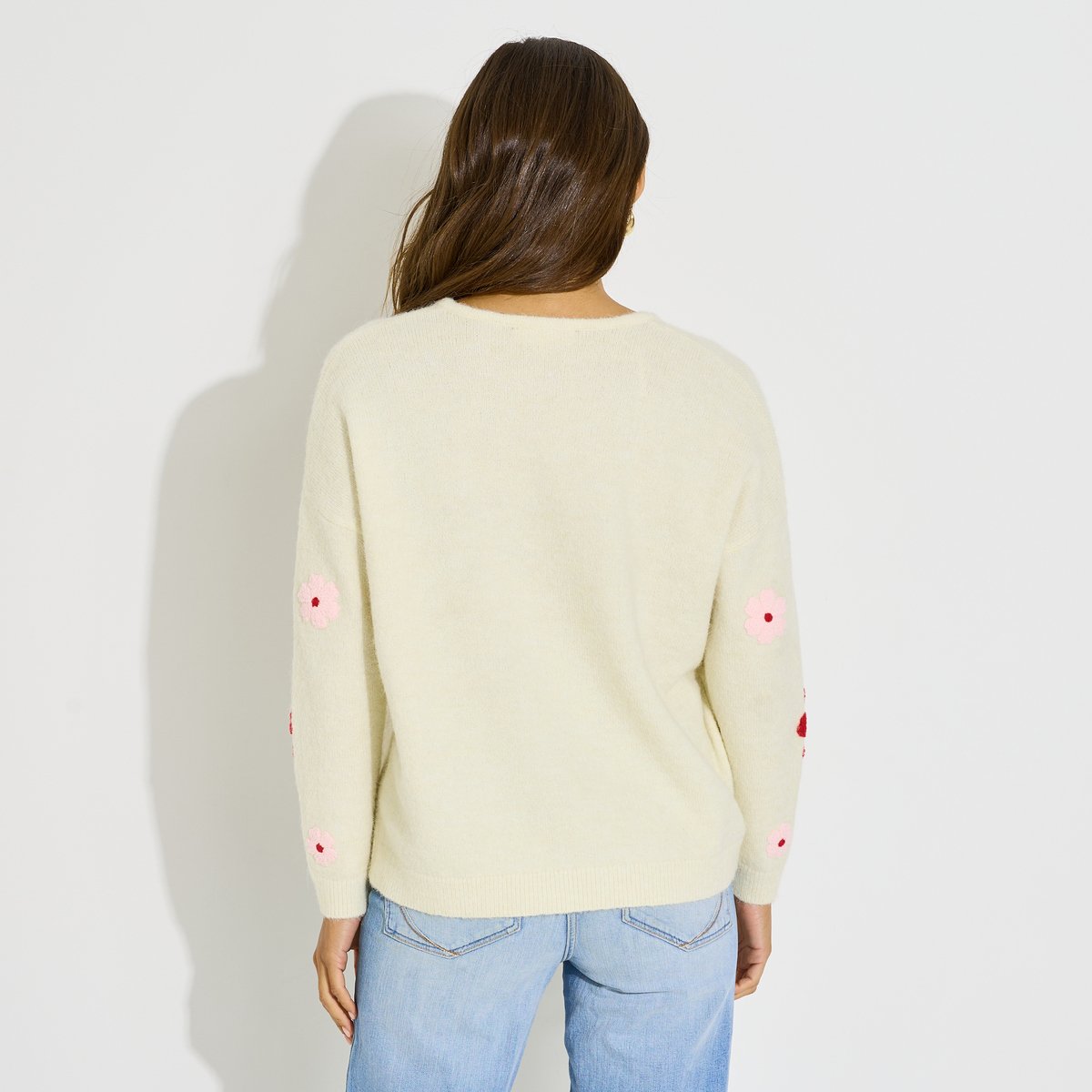 Pull col v broderie fleurs blanc cassé ecru, GRAIN DE MALICE