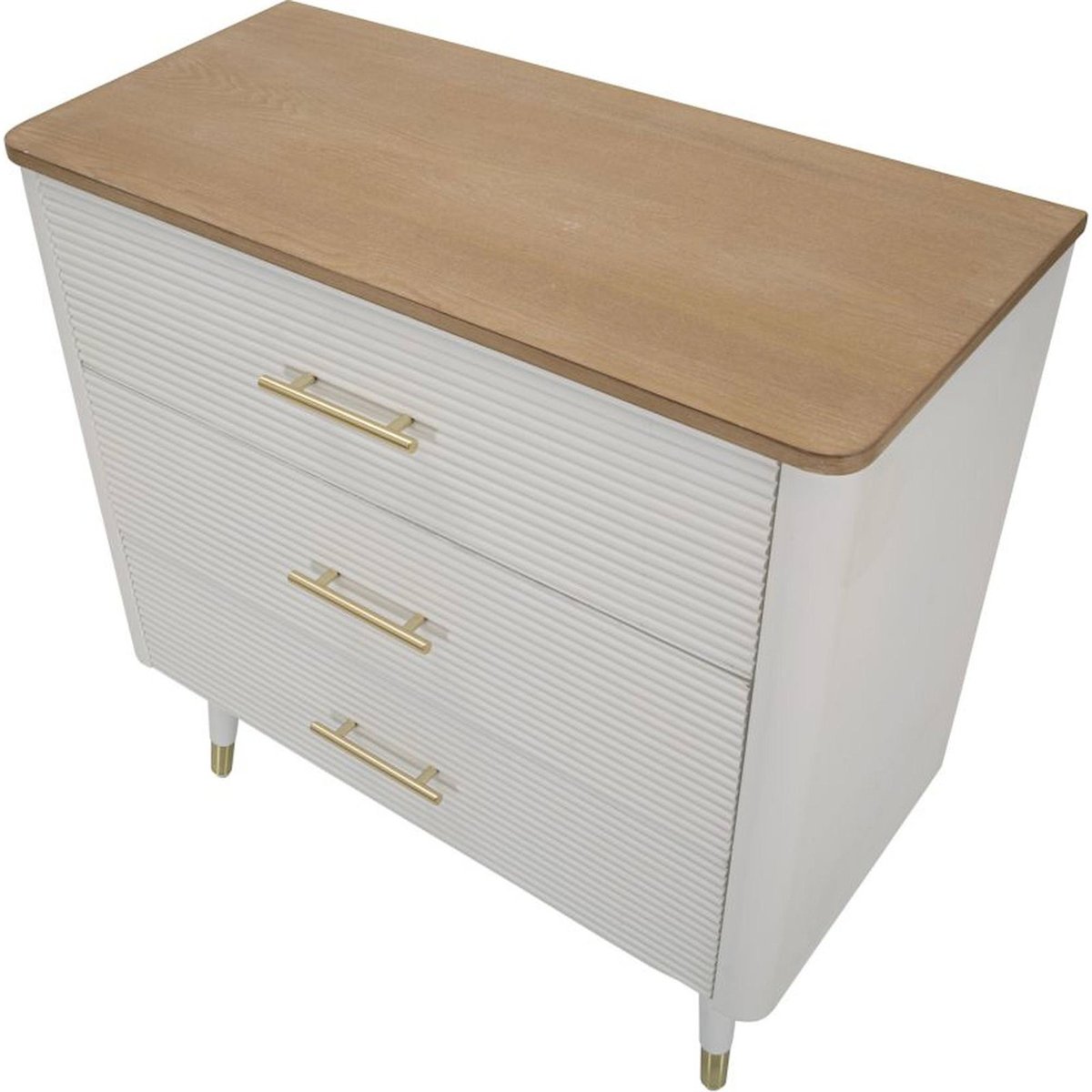 Commode frêne et pin 3 tiroirs poignées laiton blanc et brun avec détails dorés, RECOLLECTION