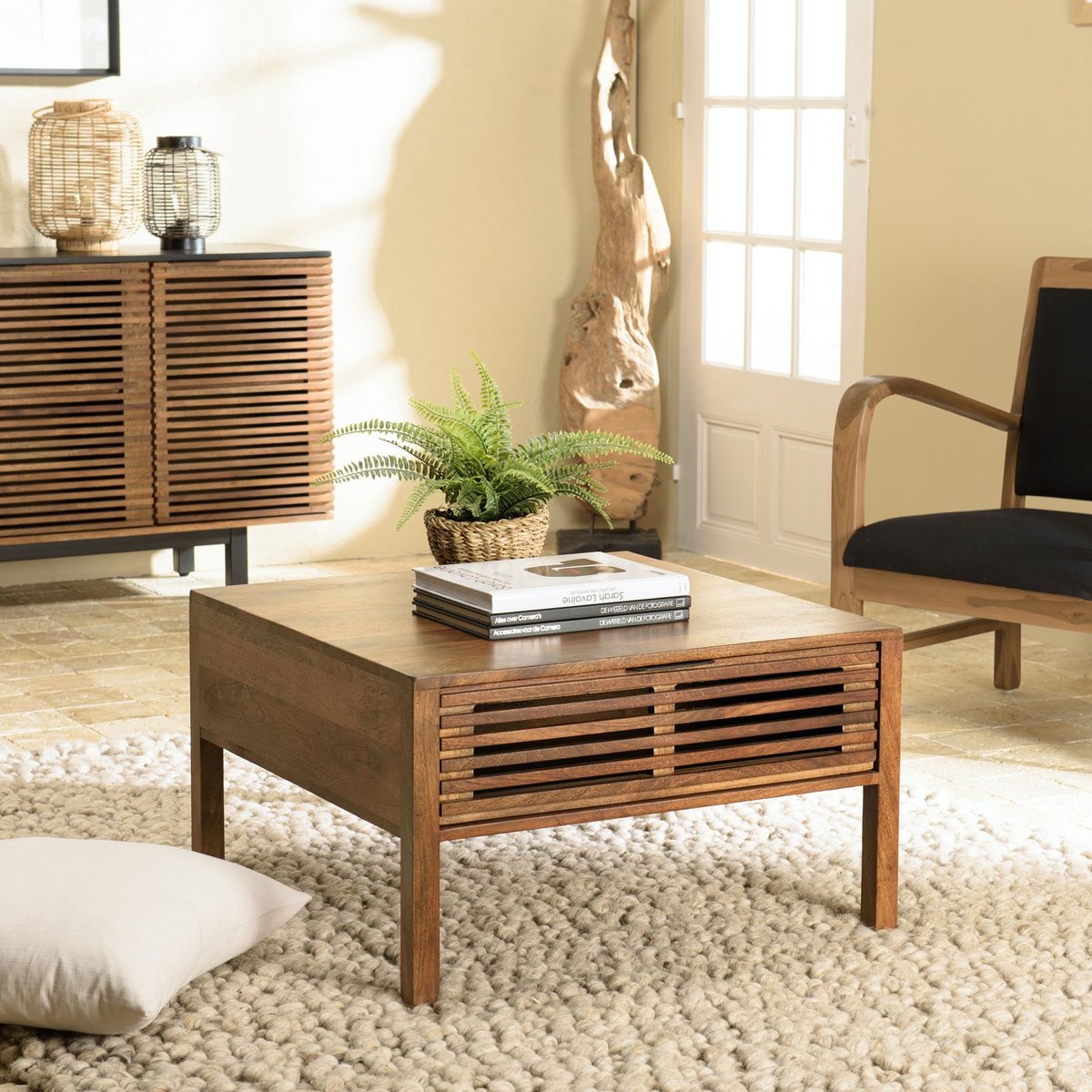 Table basse carrée 70x70 cm bois exotique 2 tiroirs opposés KANHA bois naturel, PIER IMPORT