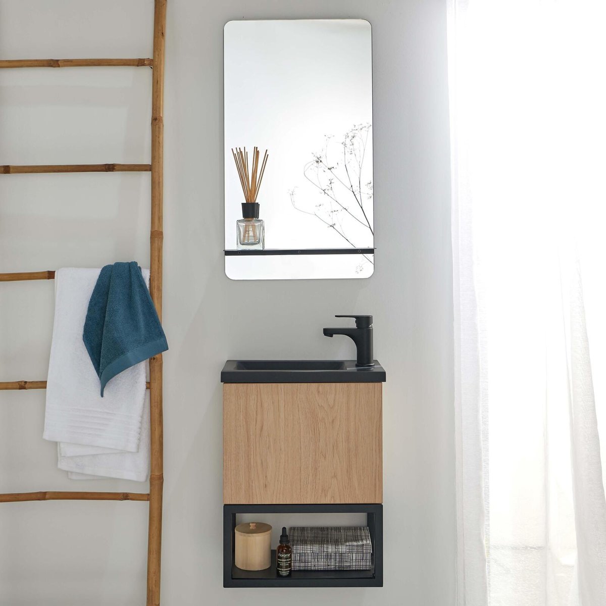 Ensemble lave-mains métal et bois avec robinet et miroir NOVA chêne et noir, MOB IN