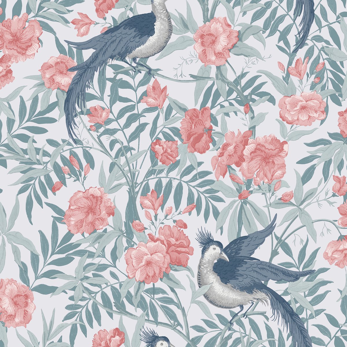 Papier peint Fleurs et oiseaux Osterley wood vert bleuté, corail, blanc grisé, LAURA ASHLEY