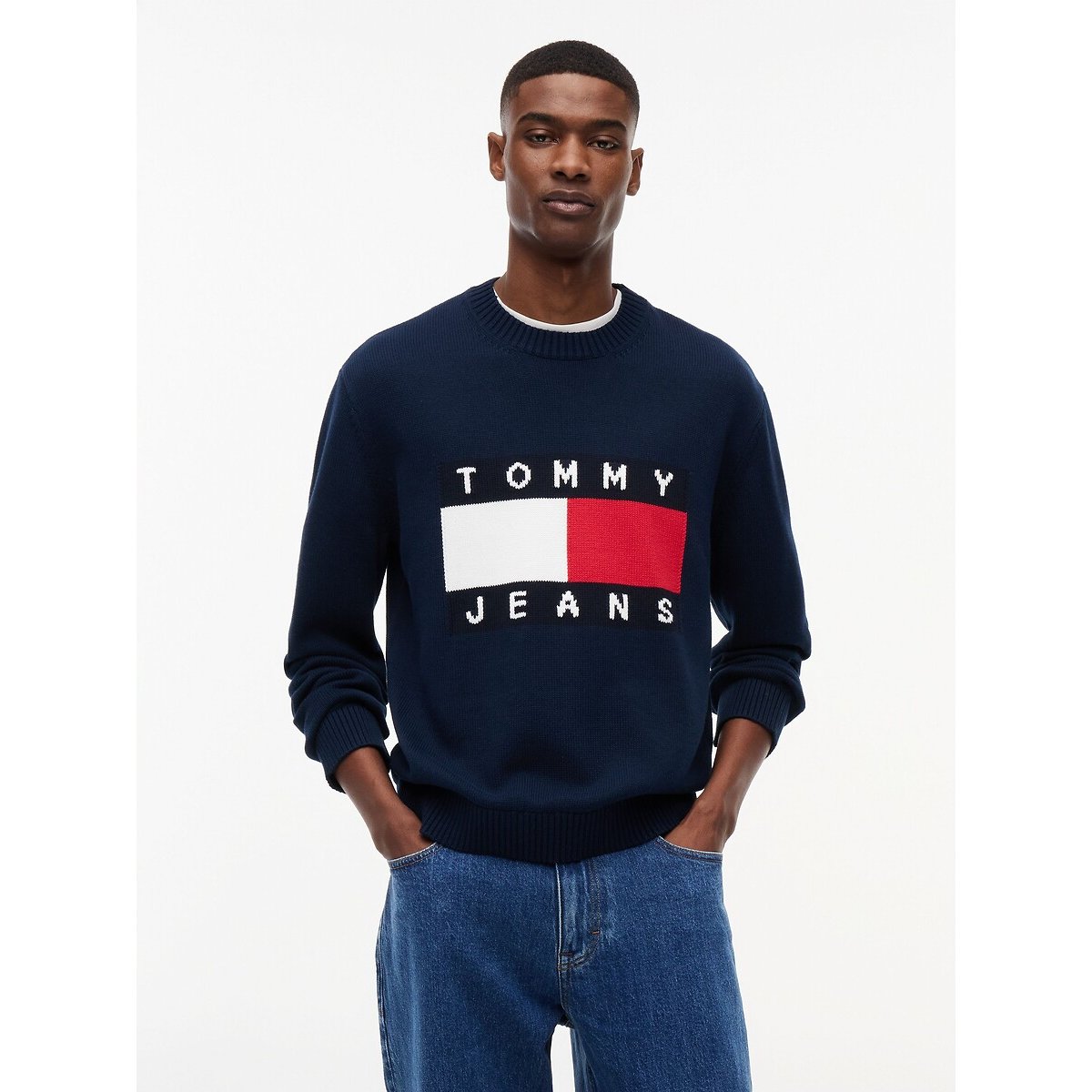 Camisola de gola redonda com logótipo marinho, TOMMY JEANS