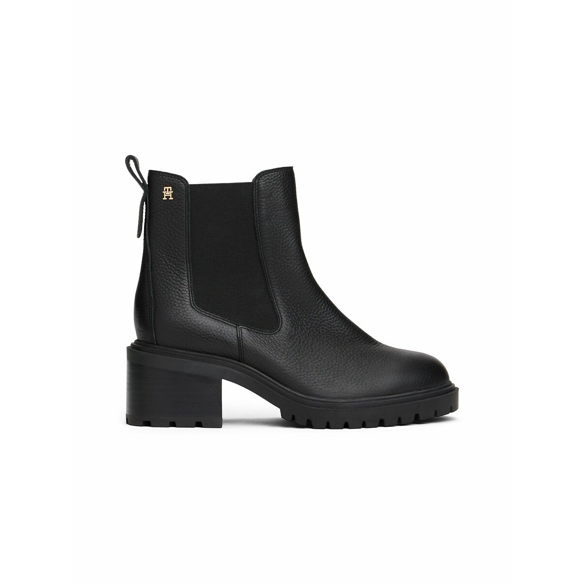 Boots chelsea à talon, cuir noir, TOMMY HILFIGER