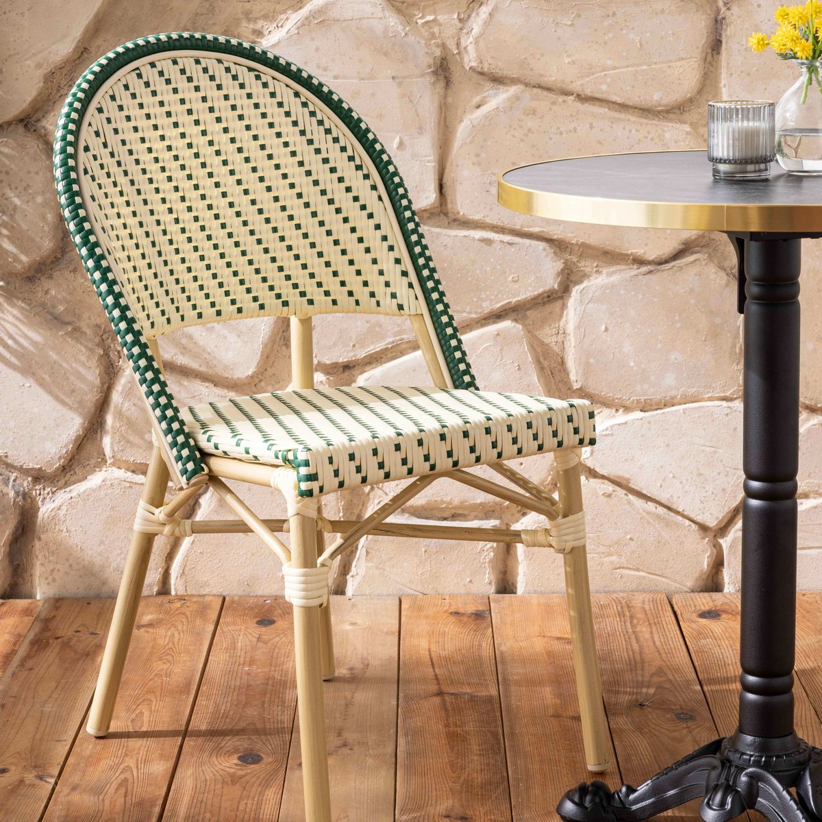 Chaise de terrasse bistrot parisien en aluminium et rotin, MARAIS vert foncé, OVIALA