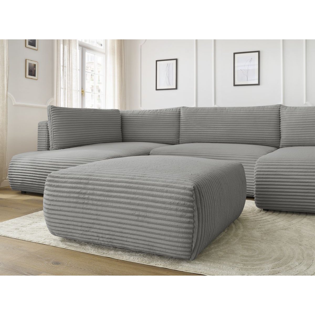 Canapé panoramique convertible 6 places en gros côtelé doux avec pouf, LUCIEN gris foncé, BOBOCHIC