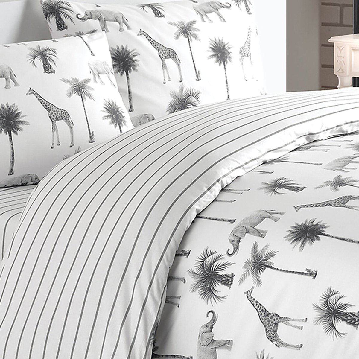 Parure de lit en coton motif jungle, JUNGLE blanc / gris, C DESIGN HOME TEXTILE