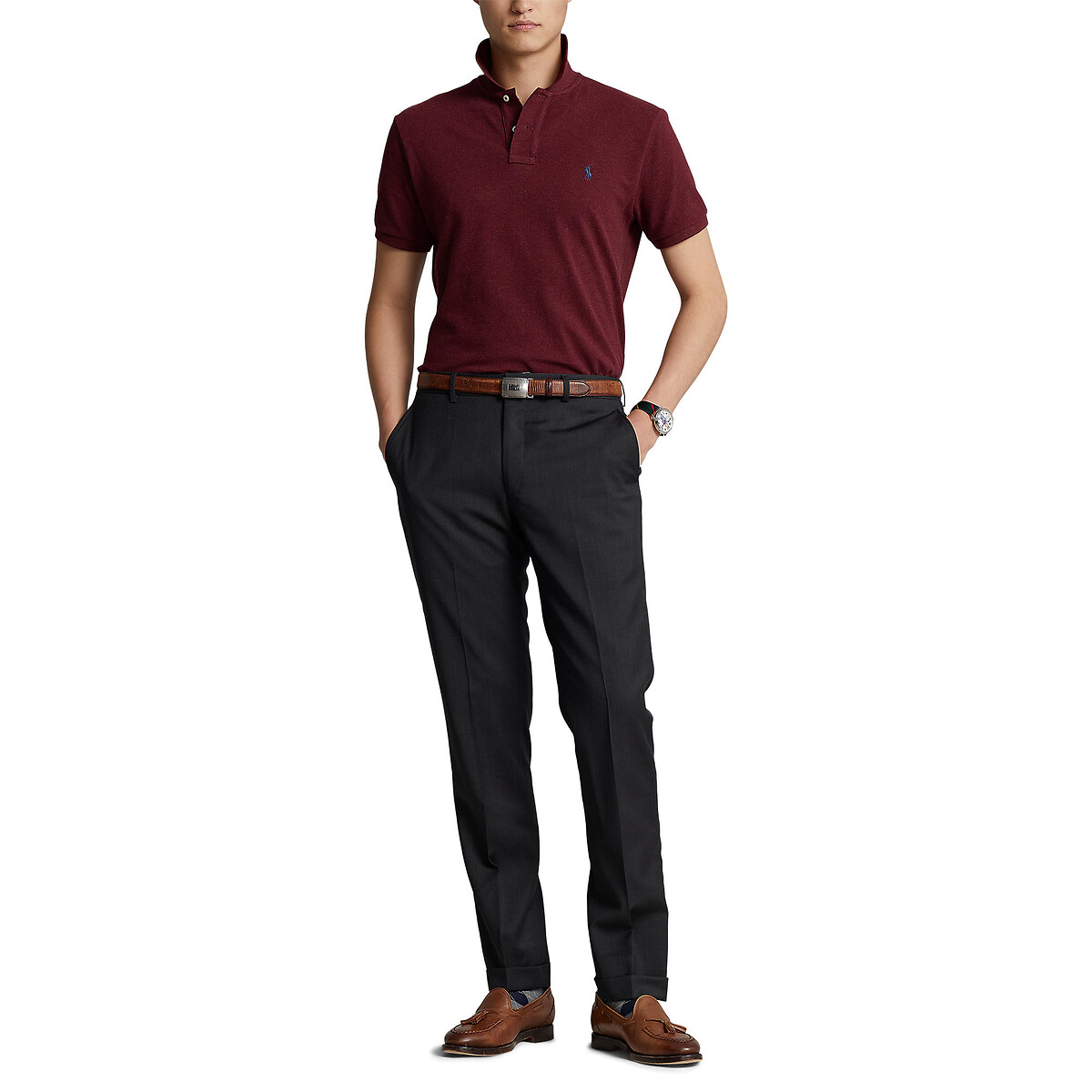 Pólo em piqué de corte justo bordeaux, POLO RALPH LAUREN