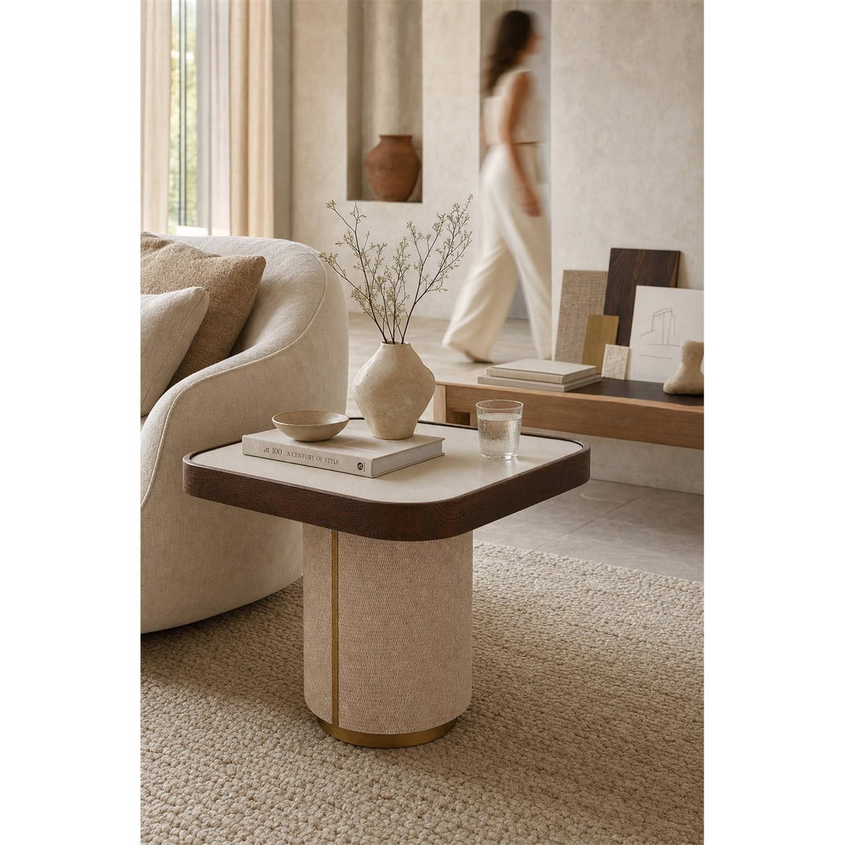 Table d'appoint WILLOX plateau verre beige et bois brun, RECOLLECTION