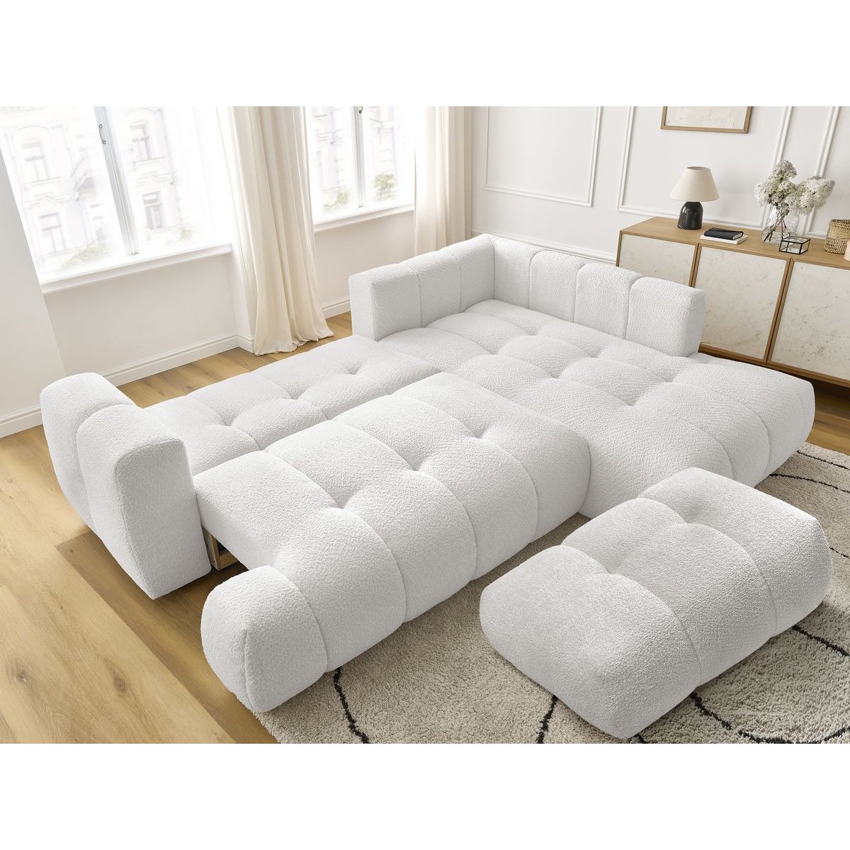 Canapé d'angle convertible 4 places en tissu bouclette avec pouf, FUJI blanc, BOBOCHIC