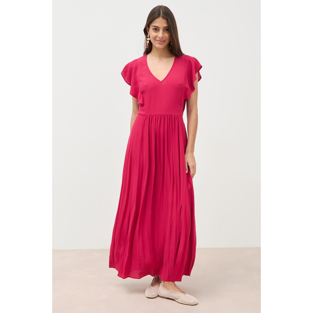 Robe fluide col v manches courtes rouge clair, BONOBO